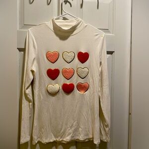 Heart Pattern Long Sleeve Shirt - Cream, Red, Gold